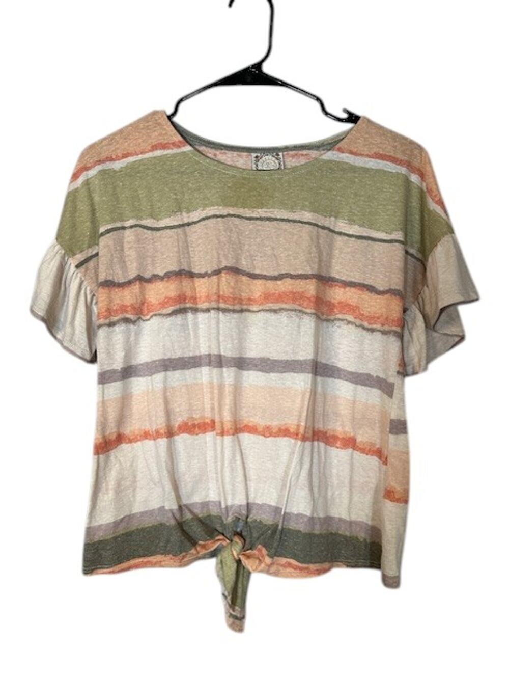 Truself PInk Green White Striped Short Sleeve Front Knot Blouse Women Sz S
